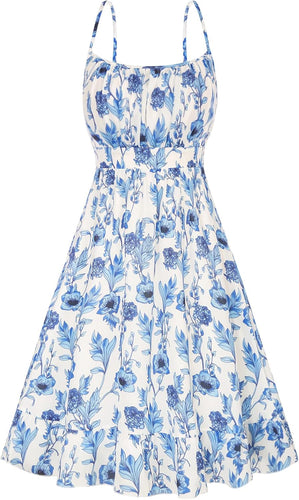 Damen Sommer Spaghettiträger Ausgestelltes A-Linien Minikleid Gerafftes Ärmelloses Blumen Strandkleid