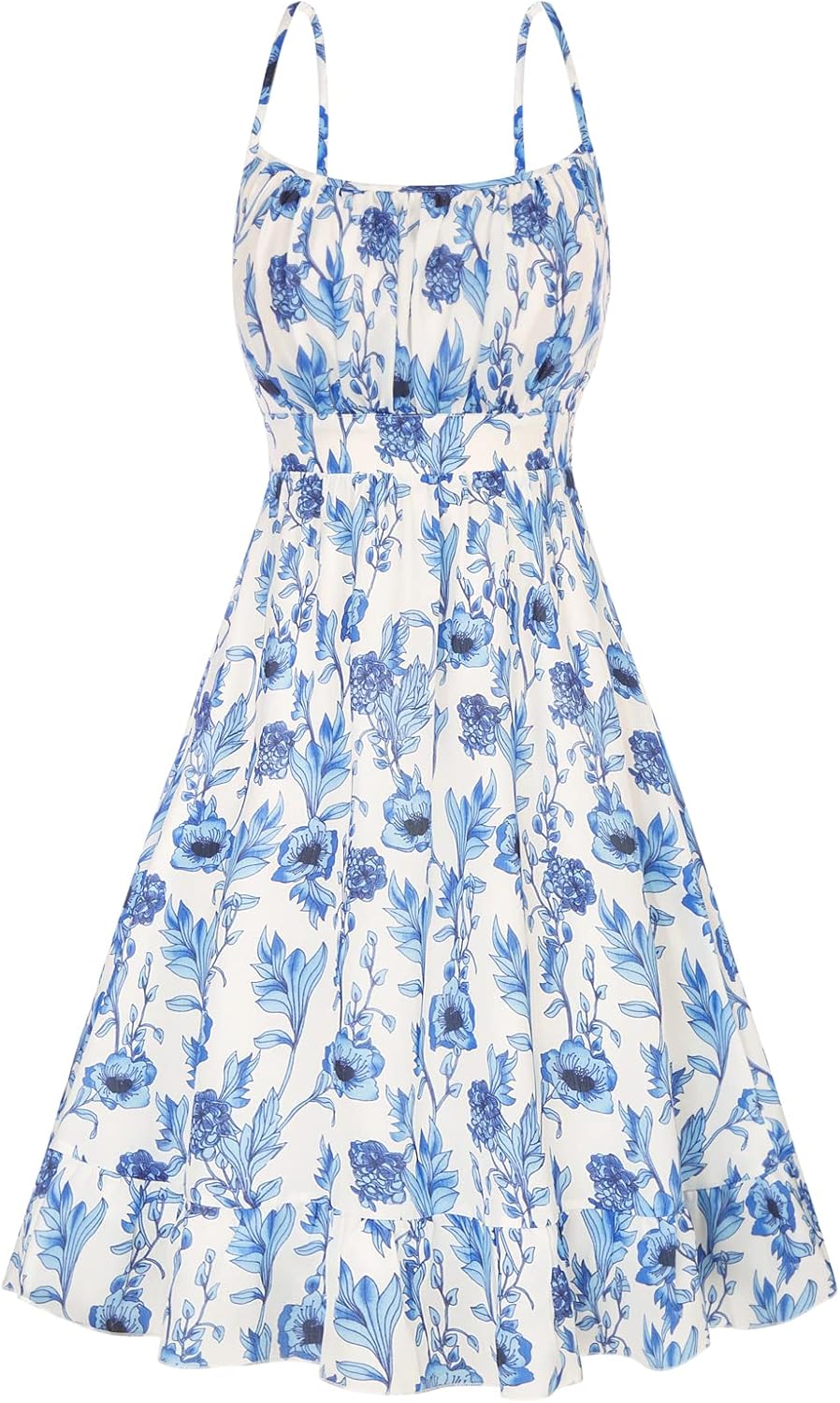 Damen Sommer Spaghettiträger Ausgestelltes A-Linien Minikleid Gerafftes Ärmelloses Blumen Strandkleid