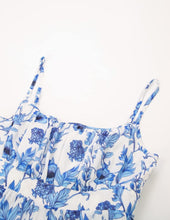 Laden Sie das Bild in den Galerie-Viewer, Damen Sommer Spaghettiträger Ausgestelltes A-Linien Minikleid Gerafftes Ärmelloses Blumen Strandkleid