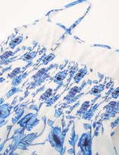 Laden Sie das Bild in den Galerie-Viewer, Damen Sommer Spaghettiträger Ausgestelltes A-Linien Minikleid Gerafftes Ärmelloses Blumen Strandkleid