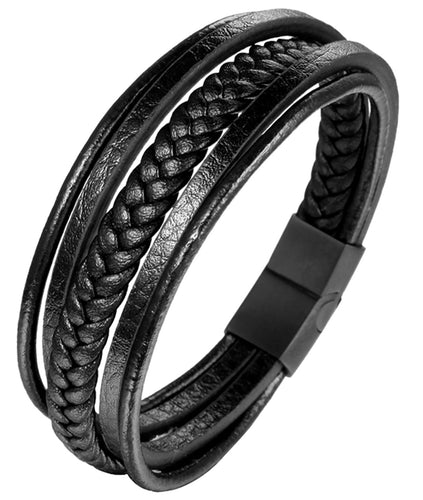 HPOLW Herren Armbänder,Echtes Leder geflochtenes Armband für Männer Schwarz Edelstahlverschluss Personalisierte Armbänder Mode Schmuck Accessoires Tolles Geschenk für Männer