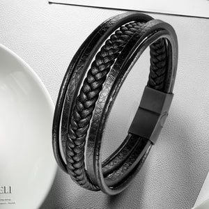 HPOLW Herren Armbänder,Echtes Leder geflochtenes Armband für Männer Schwarz Edelstahlverschluss Personalisierte Armbänder Mode Schmuck Accessoires Tolles Geschenk für Männer