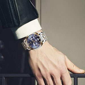 men watches with silver gold bralect&blue dail