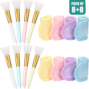 8 Pieces Headband Hair Wrap Washable Headband Terry Cloth Makeup Shower Bath Wrap with 8 Pieces Silicone Facial Mask Brush Face Mud Mask Applicator Brush for Face Wash Facial Beauty Tools