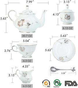 21-Piece Porcelain Ceramic Coffee Tea Gift Sets, Cups& Saucer Service for 6, Teapot, Sugar Bowl, Creamer Pitcher and 6 Teaspoons.