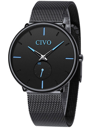CIVO Mens Black Ultra Thin Watch Minimalist Fashion Wrist Watches for Men Business Dress Waterproof Casual Watch for Man with Stainless Steel Mesh Band