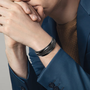 HPOLW Herren Armbänder,Echtes Leder geflochtenes Armband für Männer Schwarz Edelstahlverschluss Personalisierte Armbänder Mode Schmuck Accessoires Tolles Geschenk für Männer