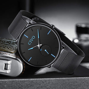 CIVO Mens Black Ultra Thin Watch Minimalist Fashion Wrist Watches for Men Business Dress Waterproof Casual Watch for Man with Stainless Steel Mesh Band