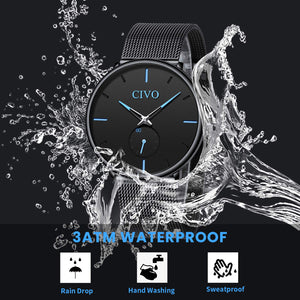 CIVO Mens Black Ultra Thin Watch Minimalist Fashion Wrist Watches for Men Business Dress Waterproof Casual Watch for Man with Stainless Steel Mesh Band