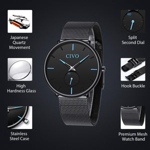 CIVO Mens Black Ultra Thin Watch Minimalist Fashion Wrist Watches for Men Business Dress Waterproof Casual Watch for Man with Stainless Steel Mesh Band