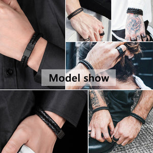 HPOLW Herren Echtes Lederarmband-Mode Klassisch Handgefertigte Geflochtene Handgelenkarmbänder,mit schwarzem Edelstahlverschluss Personalisiertes Armband,Tolle Geschenkidee für Männer