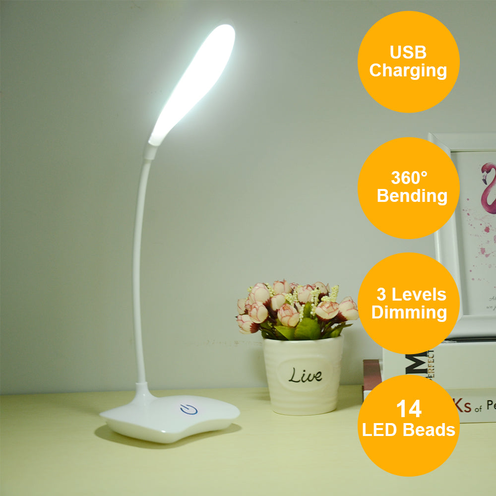 Suchme Rechargeable Battery LED Table Lamp Flexible Gooseneck Eye-protection Desk Lamp 3 Dimmers Reading Lamp Bedside Reading