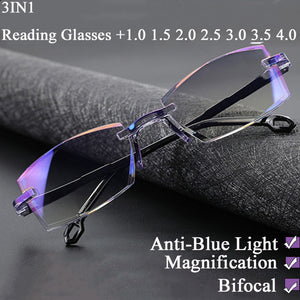Bifocal Far Near Anti Blue Light Reading Eyeglasses Magnification Eyewear Presbyopic Glasses Diopter Dimond Cutting+1.0 To +4.0