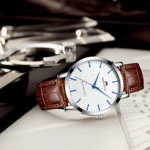 men watches with brown leather strap&white dail